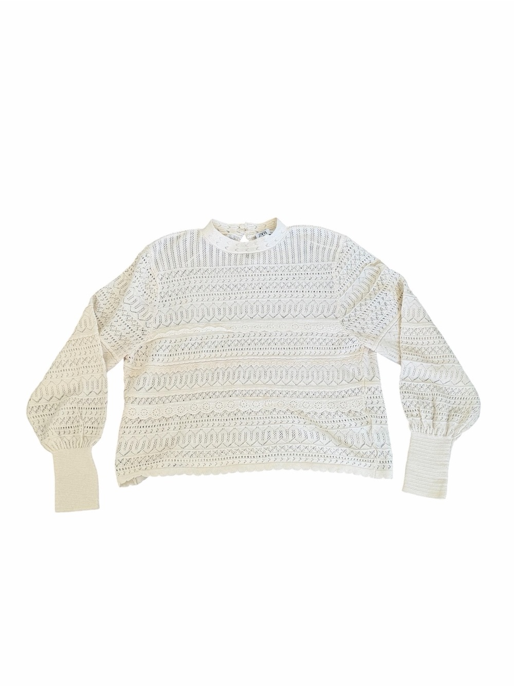 Zara Cream Lace Knit Crewneck Sweater